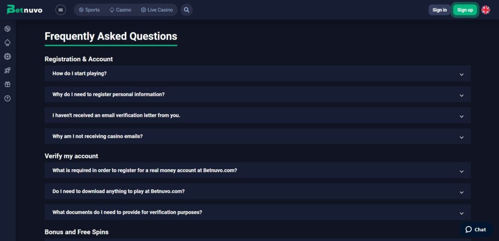 Betnuvo Casino FAQ Page