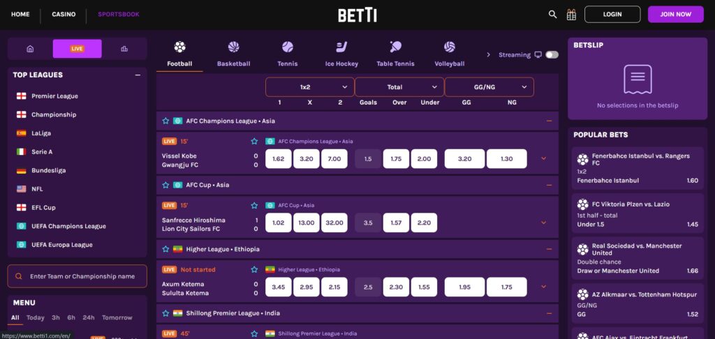 Betti Casino Live Sports Page