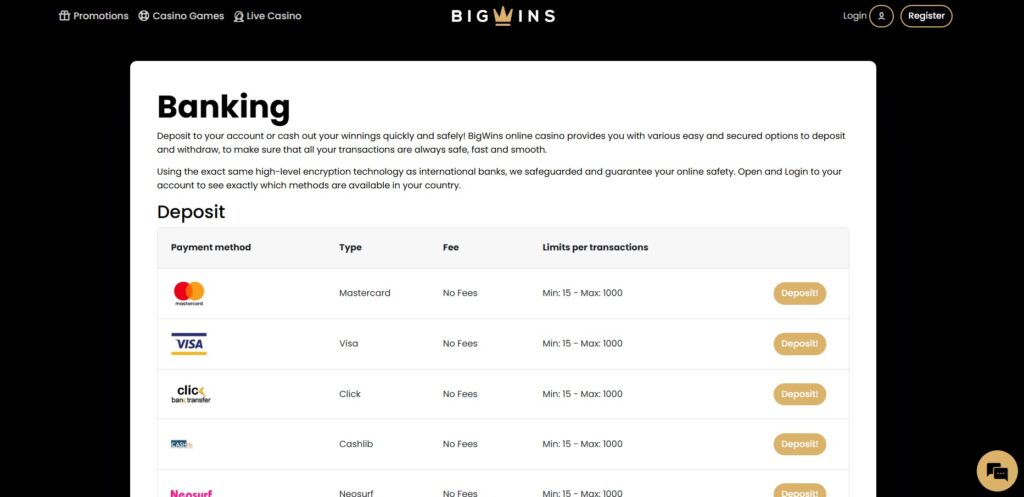 Big Wins Casino Payment Page