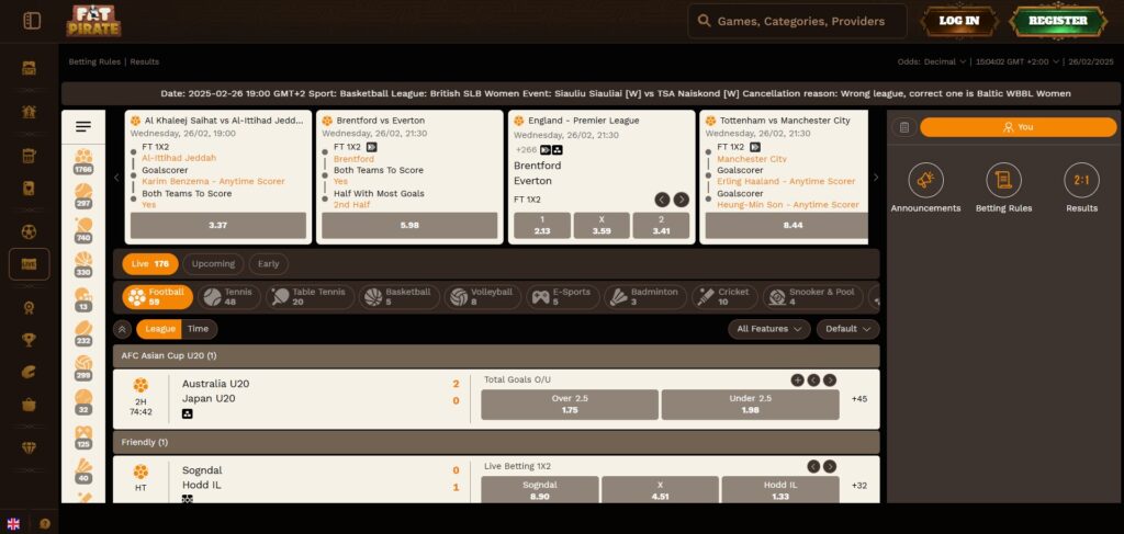 FatPirate Casino Live Sports Page