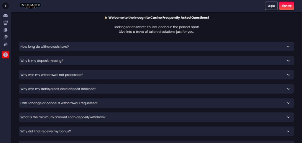 Incognito Casino FAQ Page