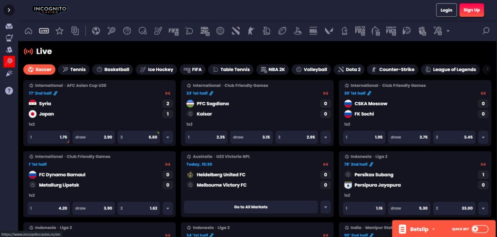 Incognito Casino Live Sports Page