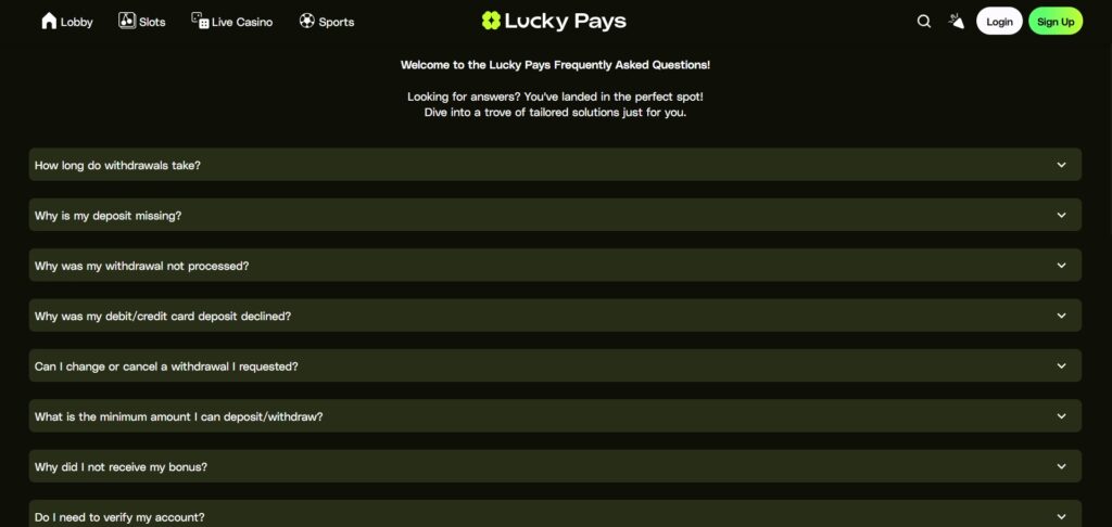 LuckyPays Casino FAQ Page