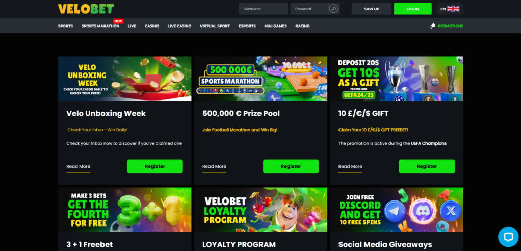 VeloBet Promotions page