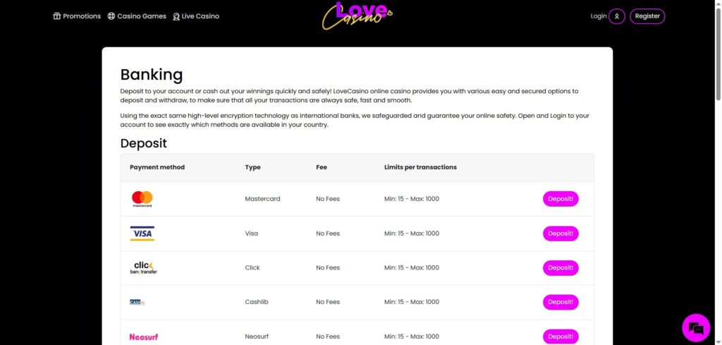 Love Casino Payments Page