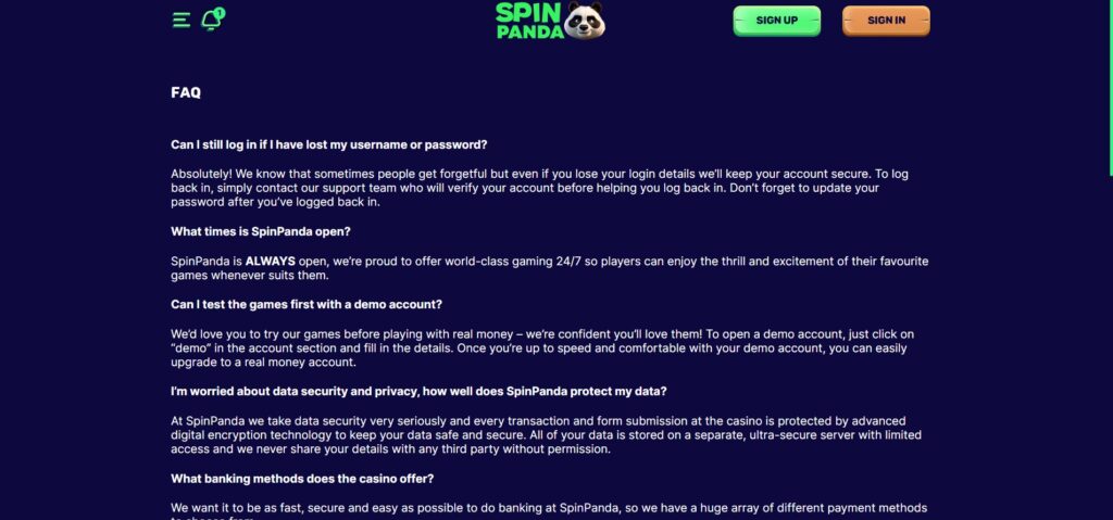 Spin Panda Casino FAQ Page